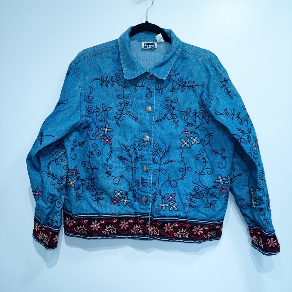 Chico's Design Blue‎ Southwest Floral Cotton Denim Jacket Size 2 / Large